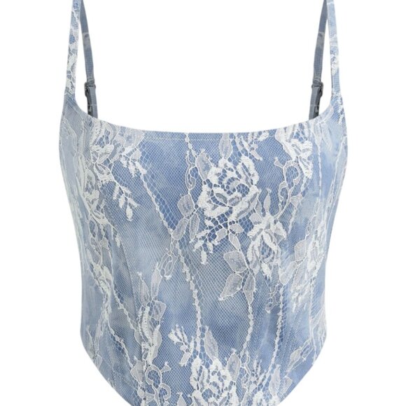 Cider Tops - Cider Denim Lace Corset Crop Top in Denim Blue